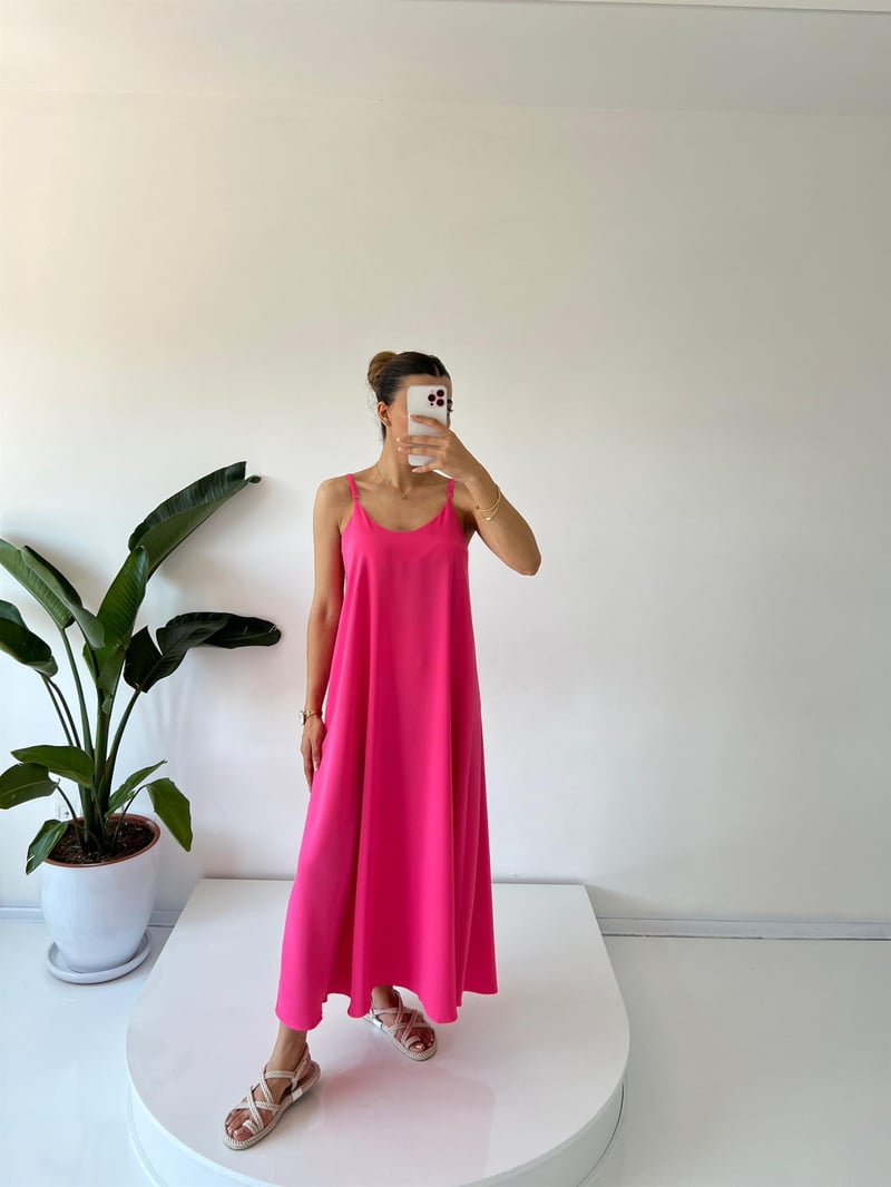 Jimena Pembe İp Askılı Tam Boy Salaş Elbise