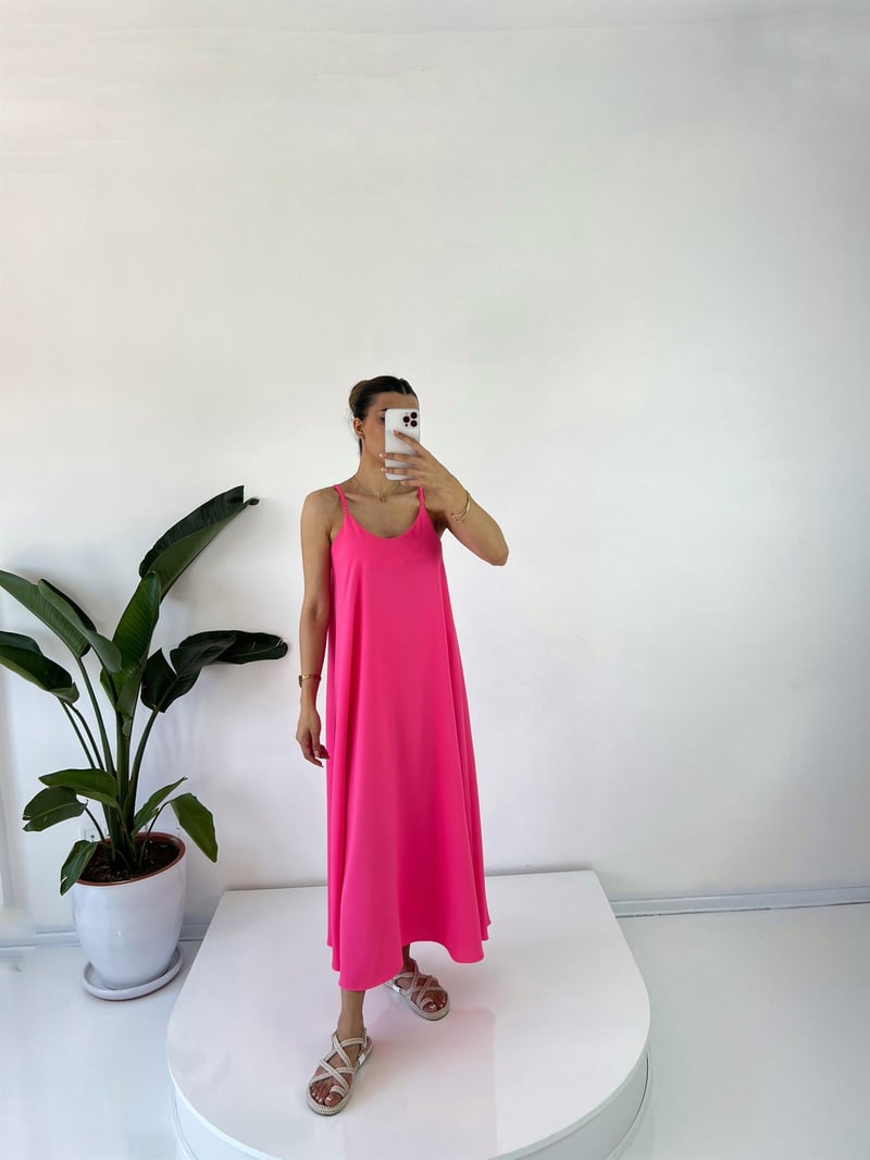 Jimena Pembe İp Askılı Tam Boy Salaş Elbise