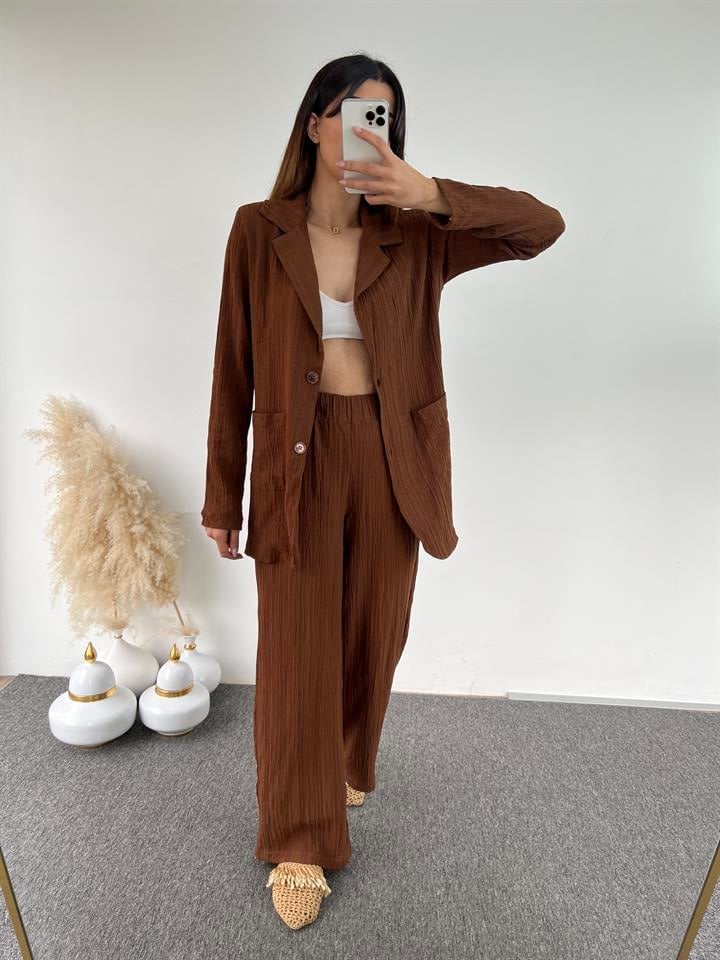 Kahve Gofre Blazer İkili Takım 