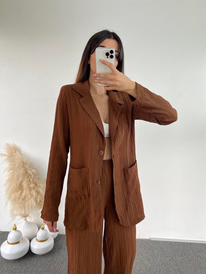 Kahve Gofre Blazer İkili Takım 