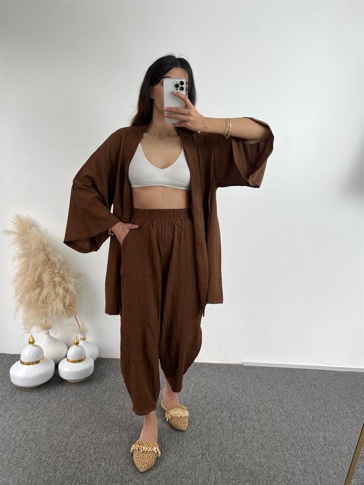 Kahve Gofre Kimono Takım 