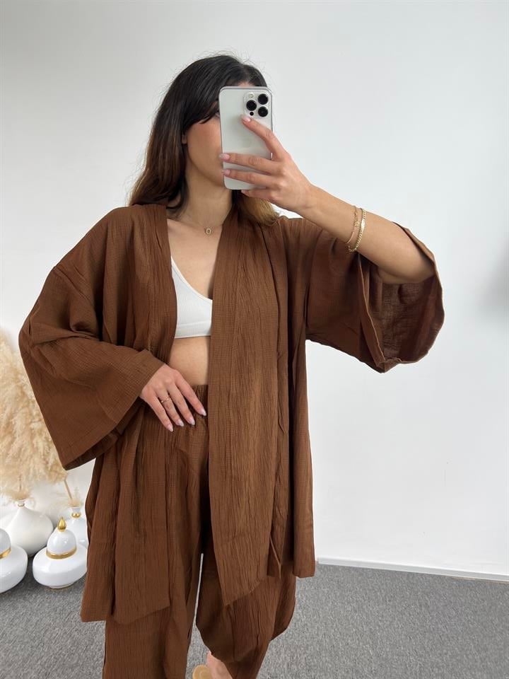 Kahve Gofre Kimono Takım 