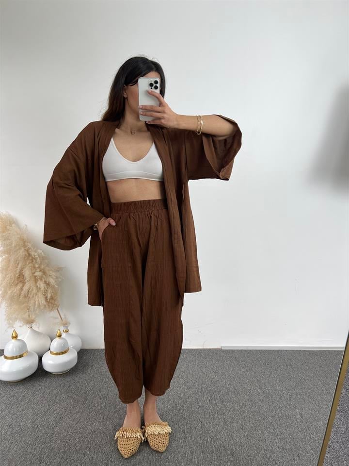 Kahve Gofre Kimono Takım 