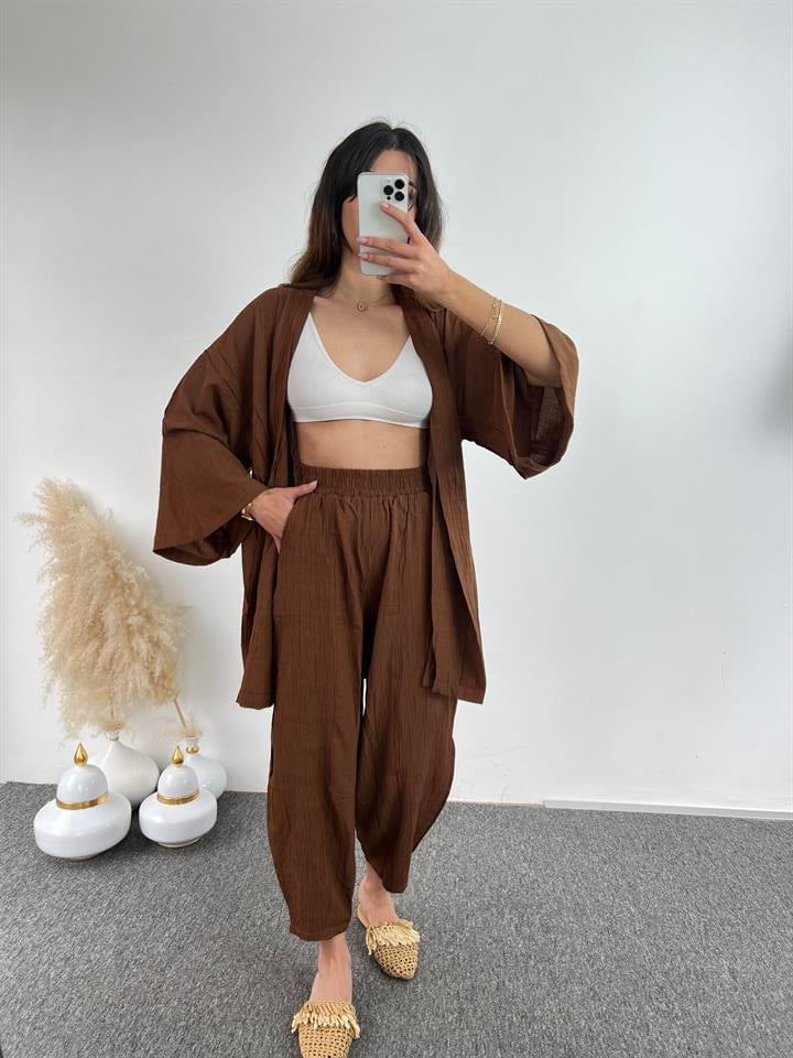 Kahve Gofre Kimono Takım 