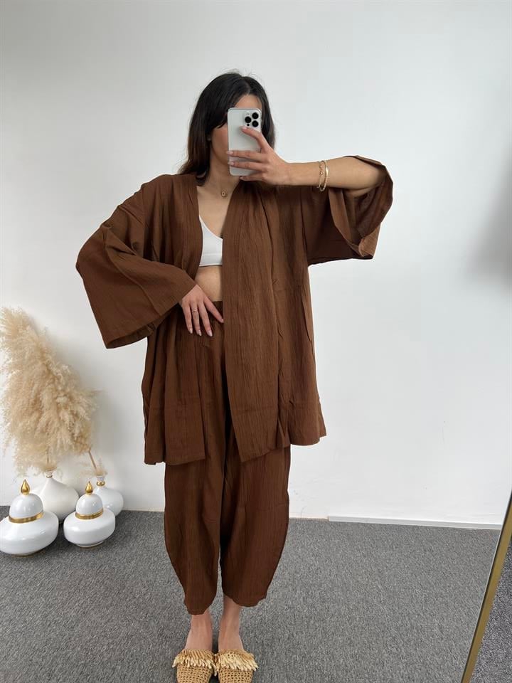 Kahve Gofre Kimono Takım 