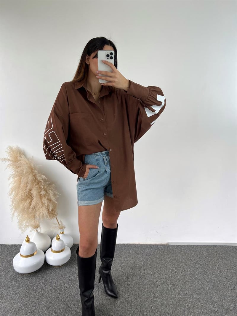 Kahverengi Oversize Baskılı Gömlek 