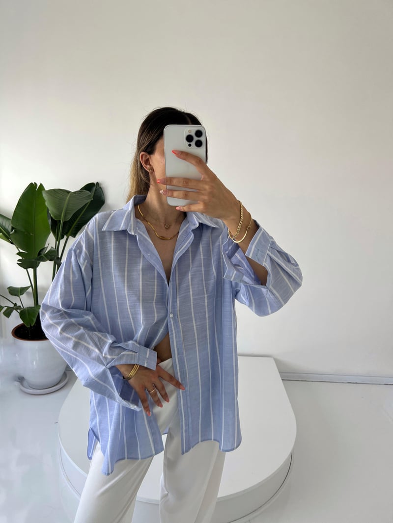 Keten Çizgili Oversize Gömlek 