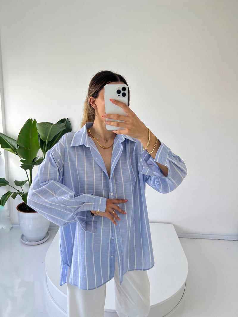 Keten Çizgili Oversize Gömlek 