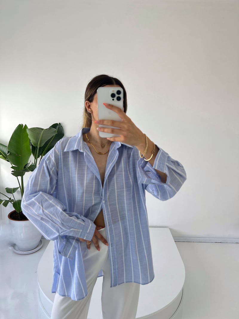 Keten Çizgili Oversize Gömlek 