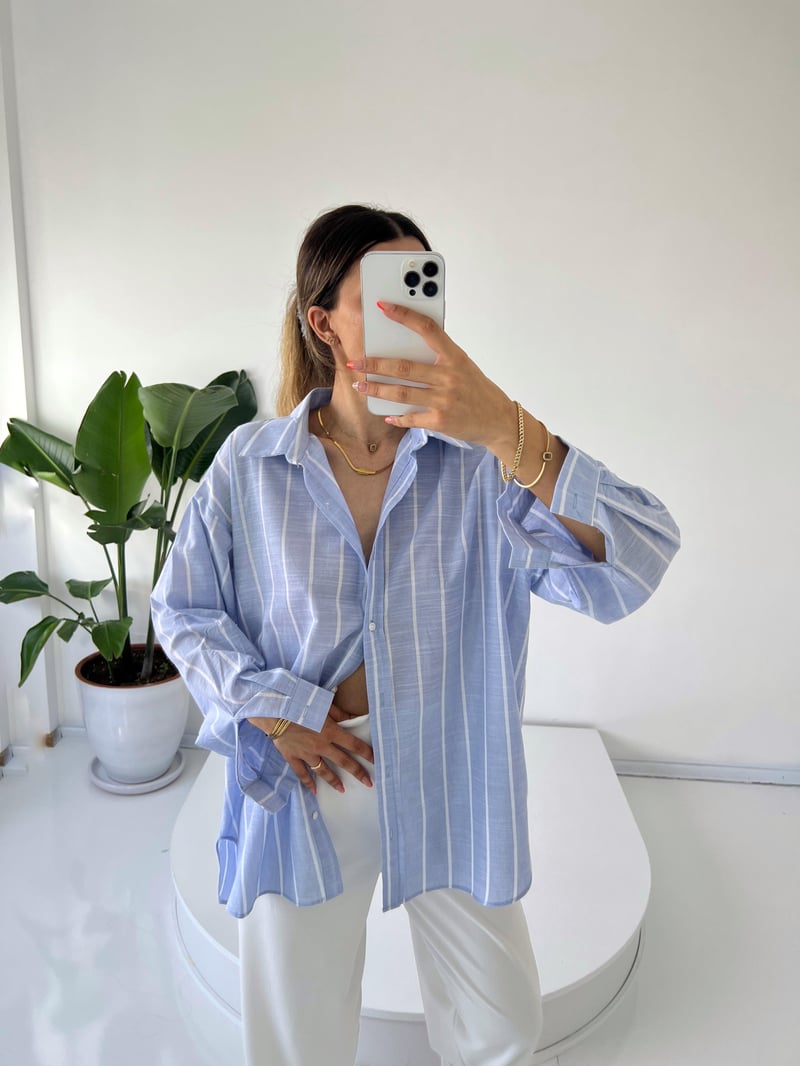 Keten Çizgili Oversize Gömlek 