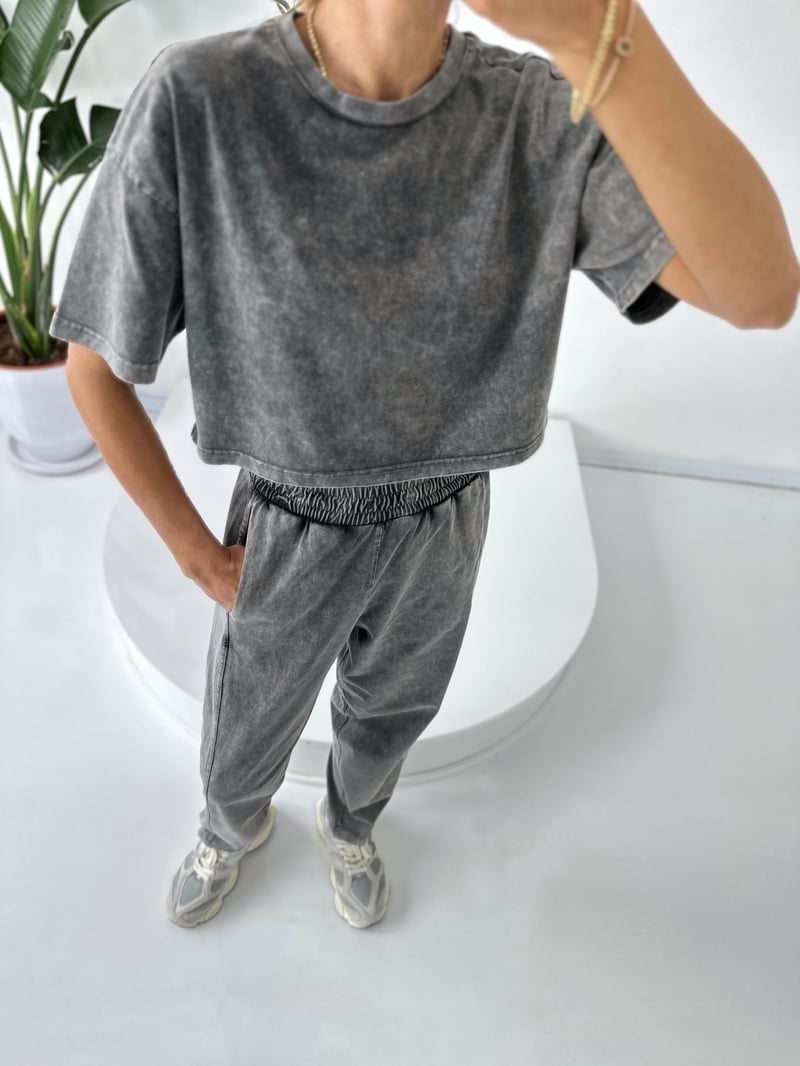 Landra Antrasit Eskitme Tshirt Şalvar Takım 