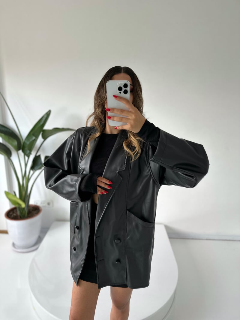 Le Siyah  Oversize Deri Ceket