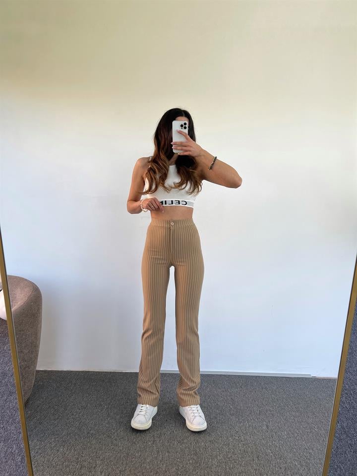 Lena Örme Çizgili Nude Pantolon 