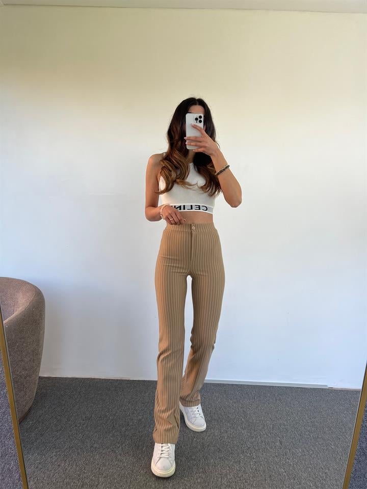 Lena Örme Çizgili Nude Pantolon 