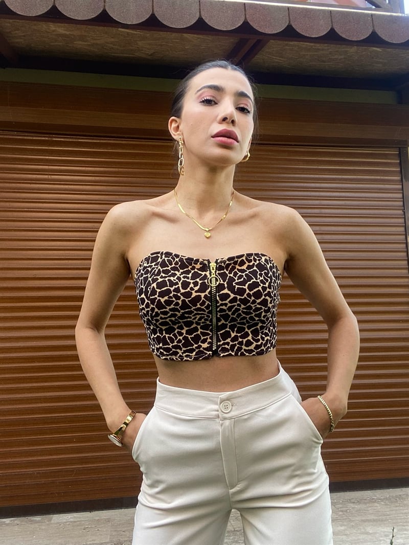 Leoparlı Straplez Crop