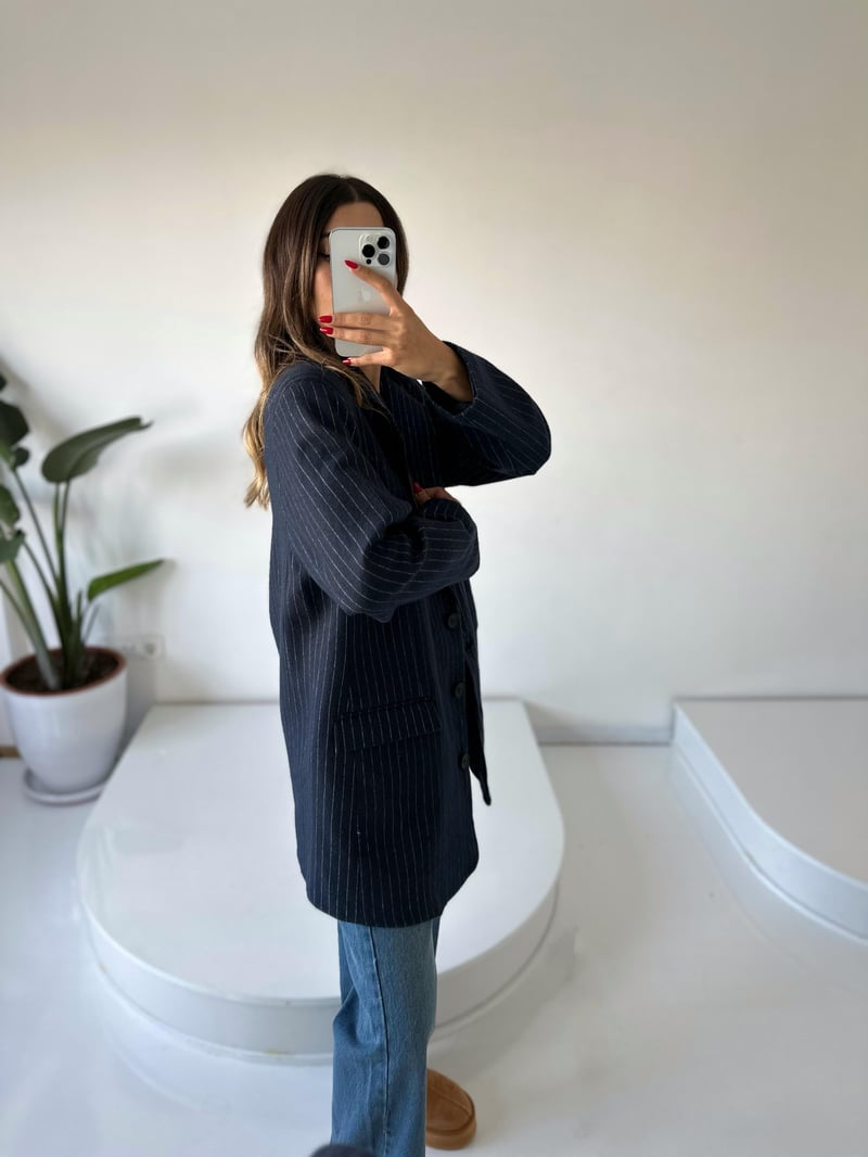Liv Lacivert Çizgili Kaşe Premium Oversize Blazer Ceket