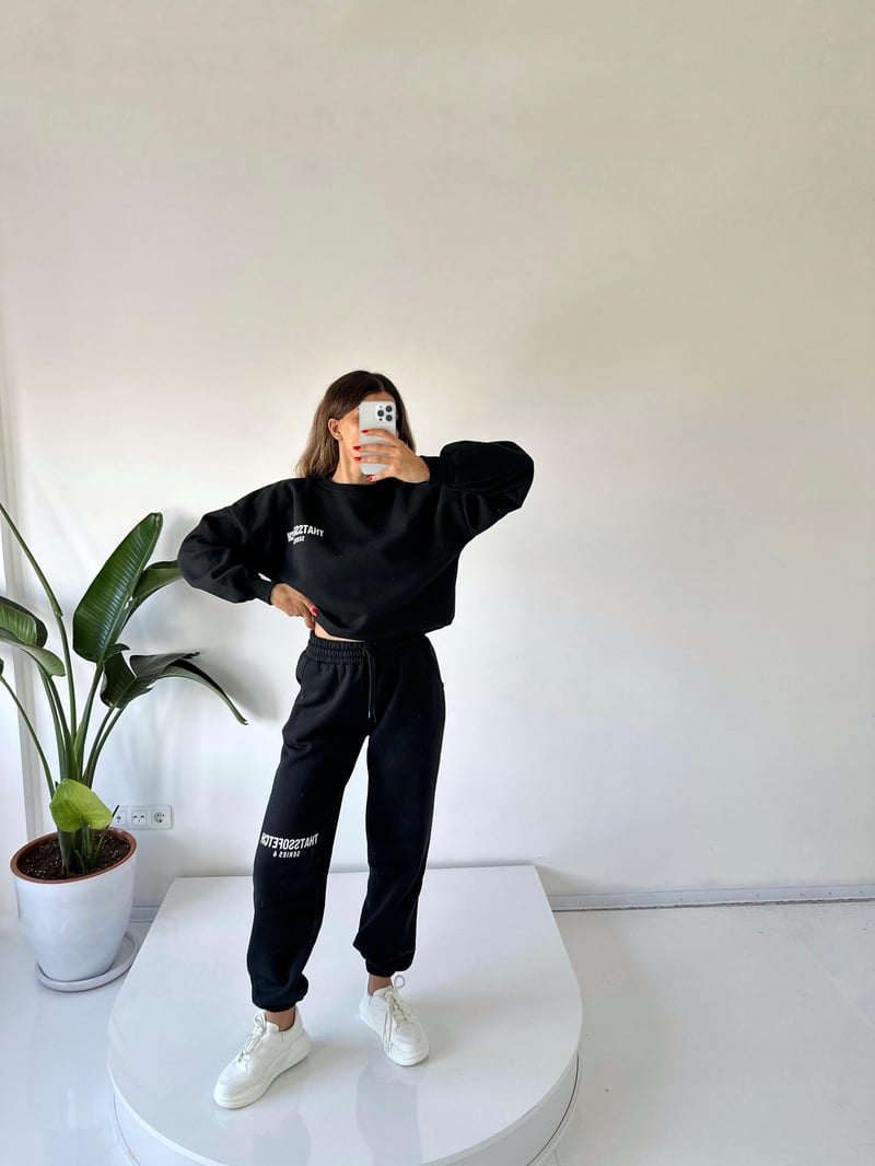 Lucky Siyah Oversize Şardonlu Eşofman Takım
