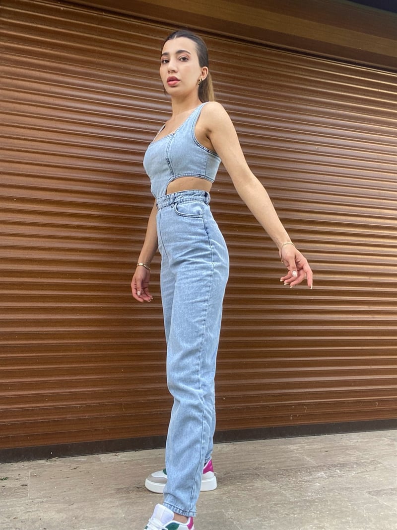Luna Dekolteli Denim Tulum