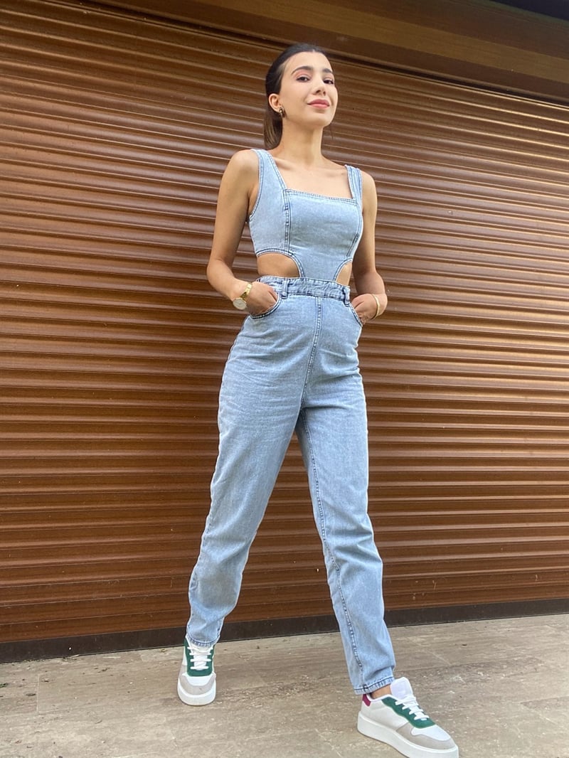 Luna Dekolteli Denim Tulum