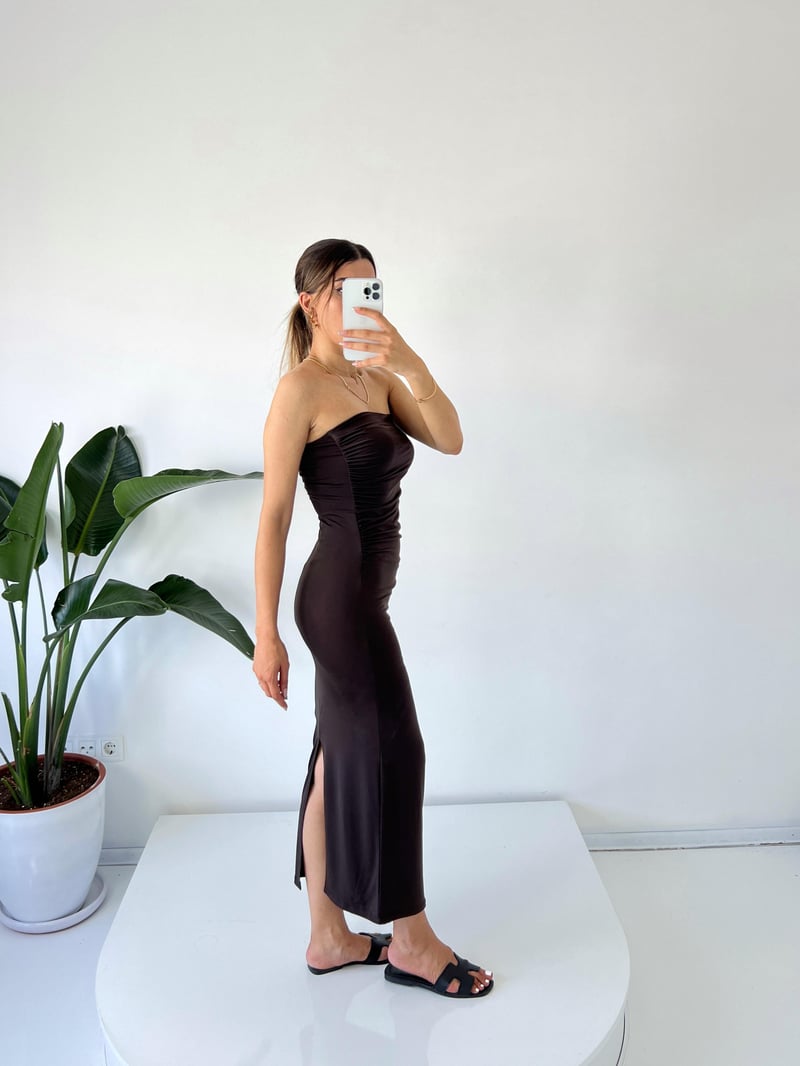 Mila Acı Kahve Straplez Drapeli Maxi Elbise