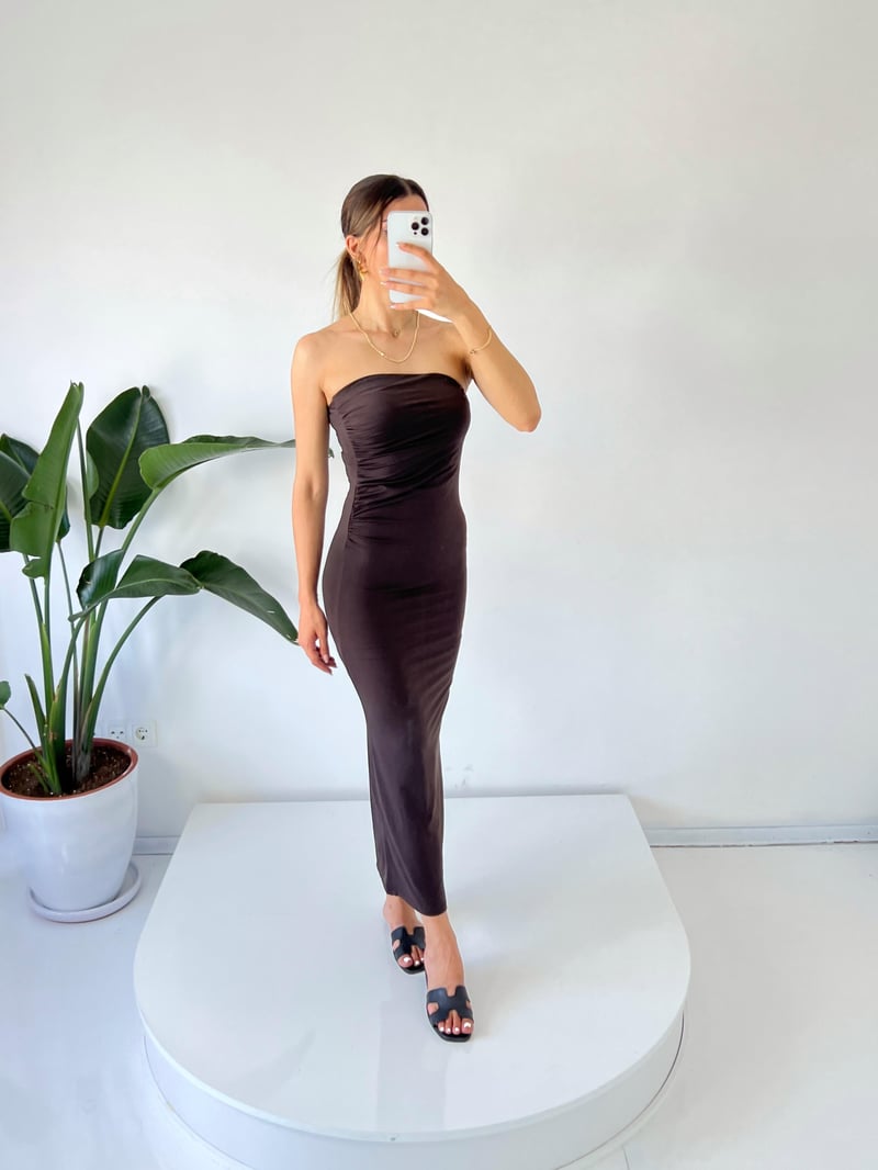 Mila Acı Kahve Straplez Drapeli Maxi Elbise