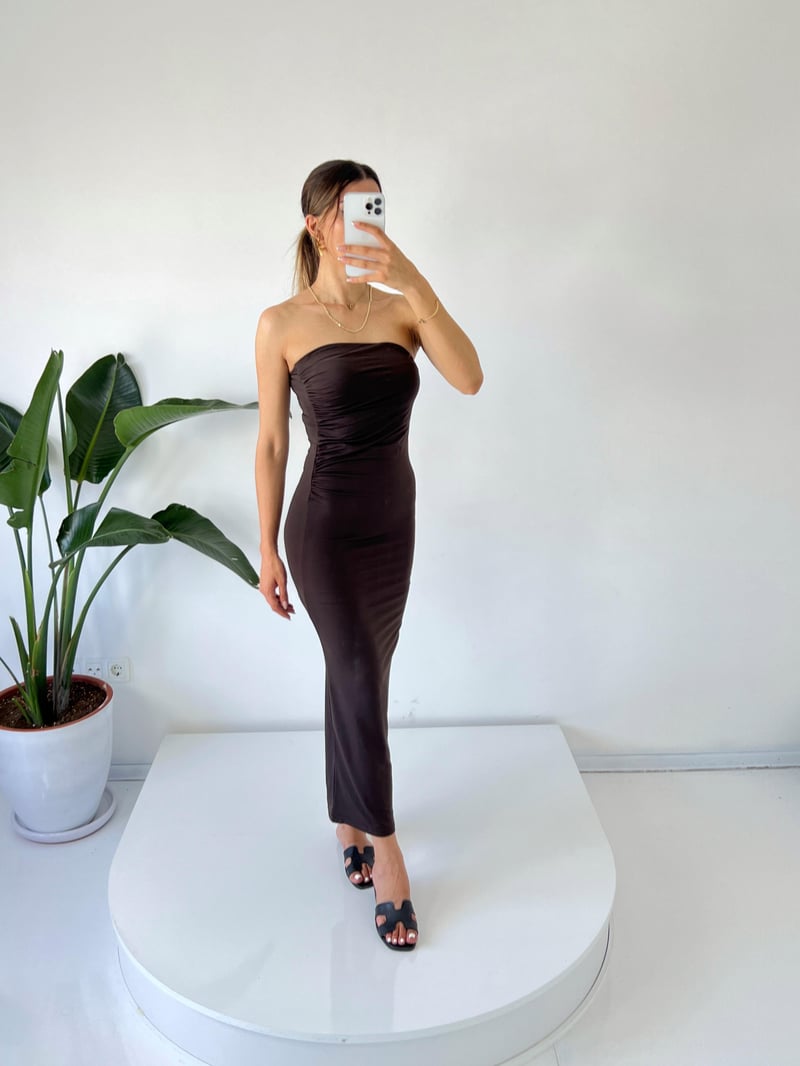 Mila Acı Kahve Straplez Drapeli Maxi Elbise