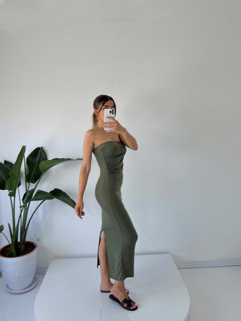 Mila Haki Straplez Drapeli Maxi Elbise