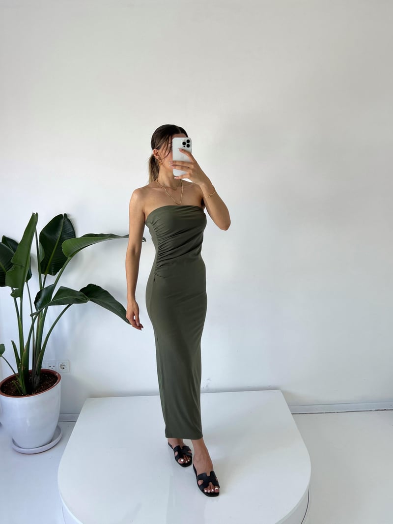 Mila Haki Straplez Drapeli Maxi Elbise