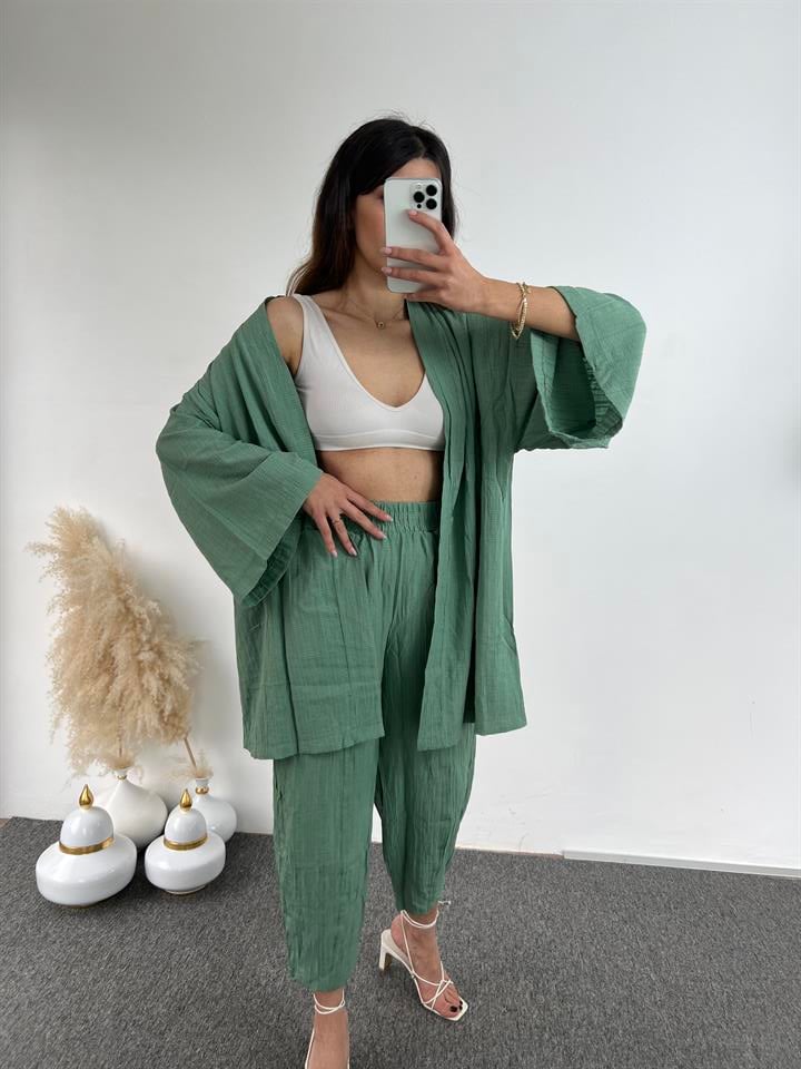 Mint Yeşili Gofre Kimono Takım 