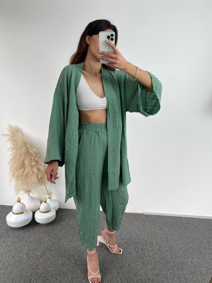 Mint Yeşili Gofre Kimono Takım 