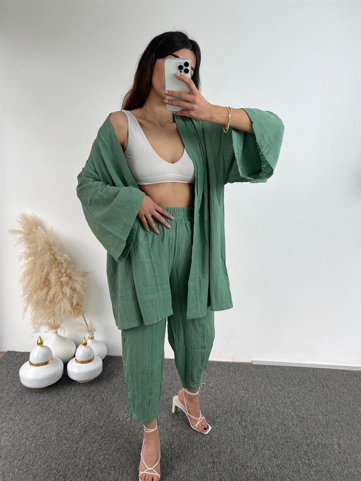 Mint Yeşili Gofre Kimono Takım 