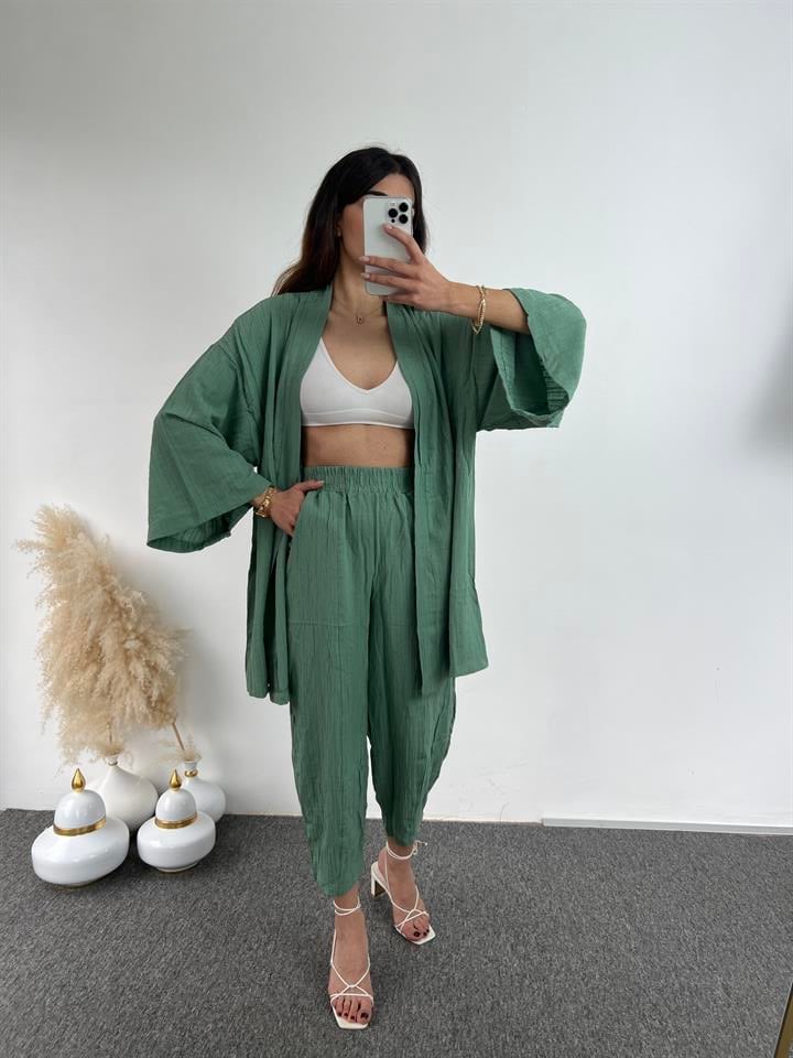 Mint Yeşili Gofre Kimono Takım 