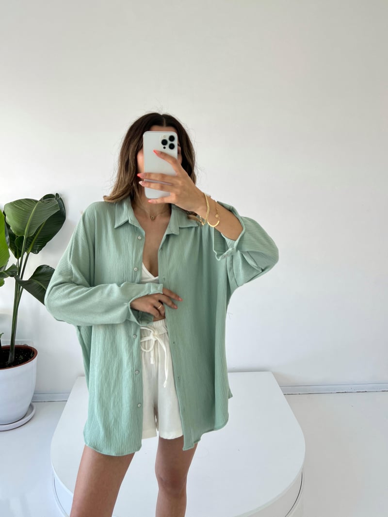 Mint Yeşili Oversize Krinkıl Gömlek