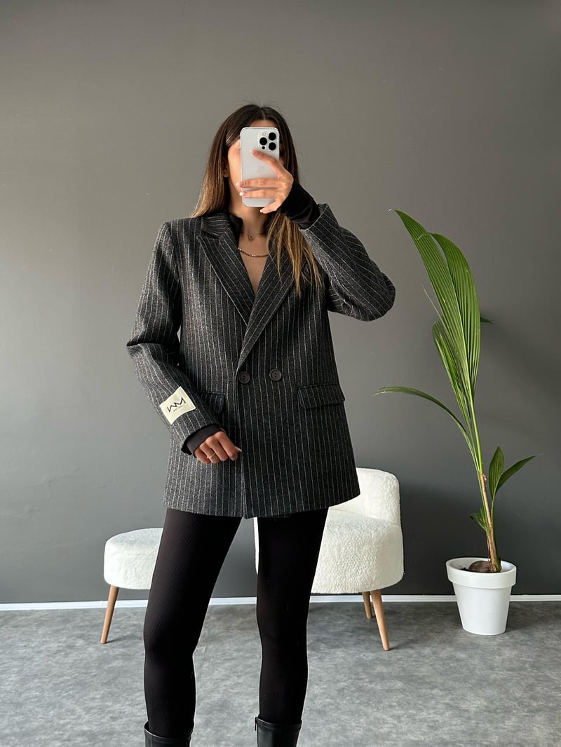 NW Gri Çizgili Kaşe Blazer Ceket