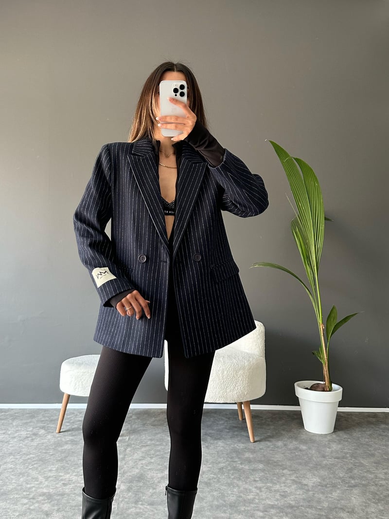 NW Lacivert Çizgili Kaşe Blazer Ceket