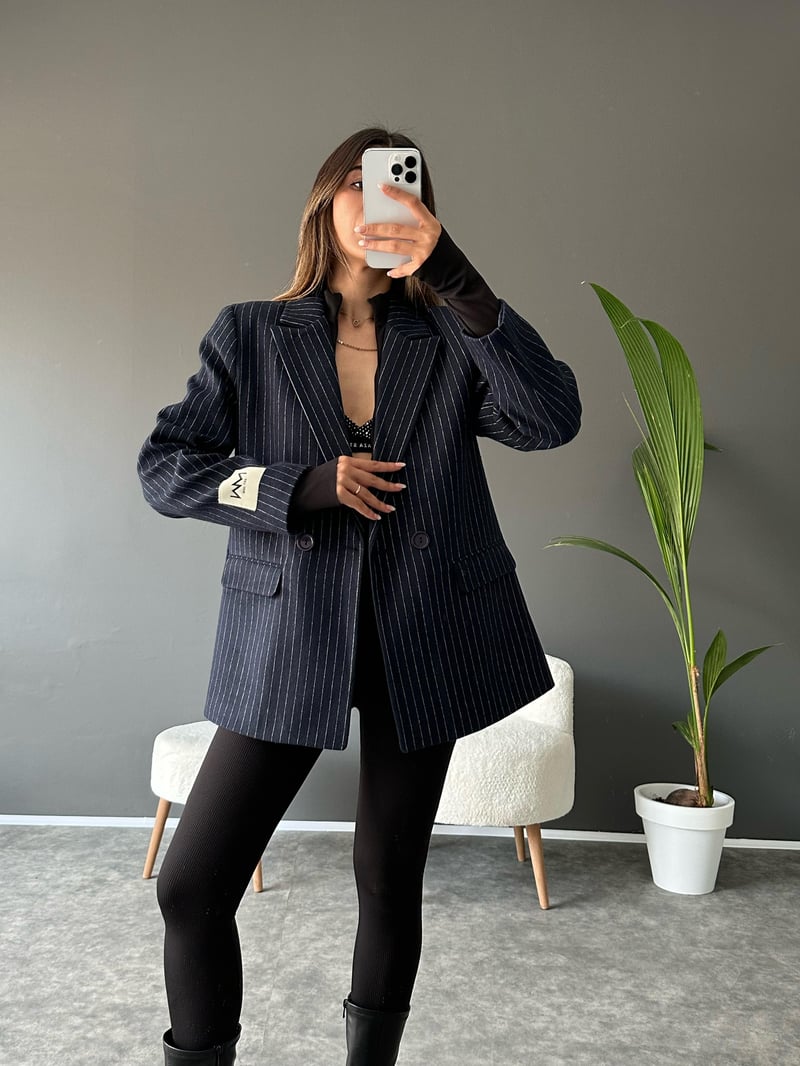 NW Lacivert Çizgili Kaşe Blazer Ceket