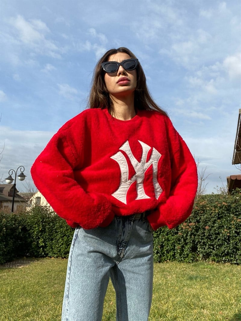 NY kırmızı Peluş Sweat 