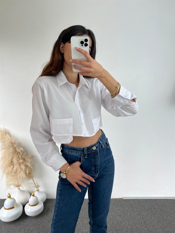 Orijinal Marka Beyaz Crop Gömlek 