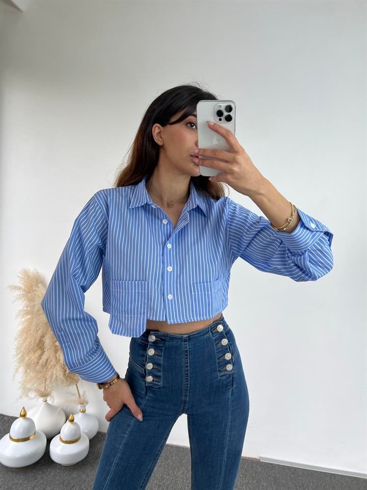 Orijinal Marka Mavi Çizgili Crop Gömlek 