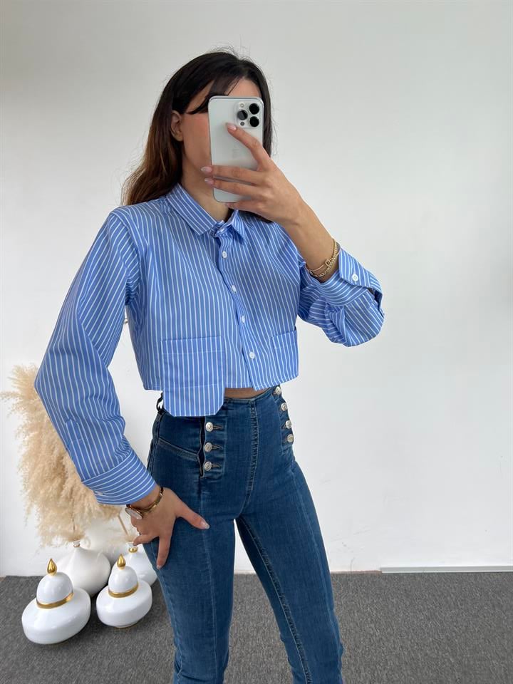 Orijinal Marka Mavi Çizgili Crop Gömlek 
