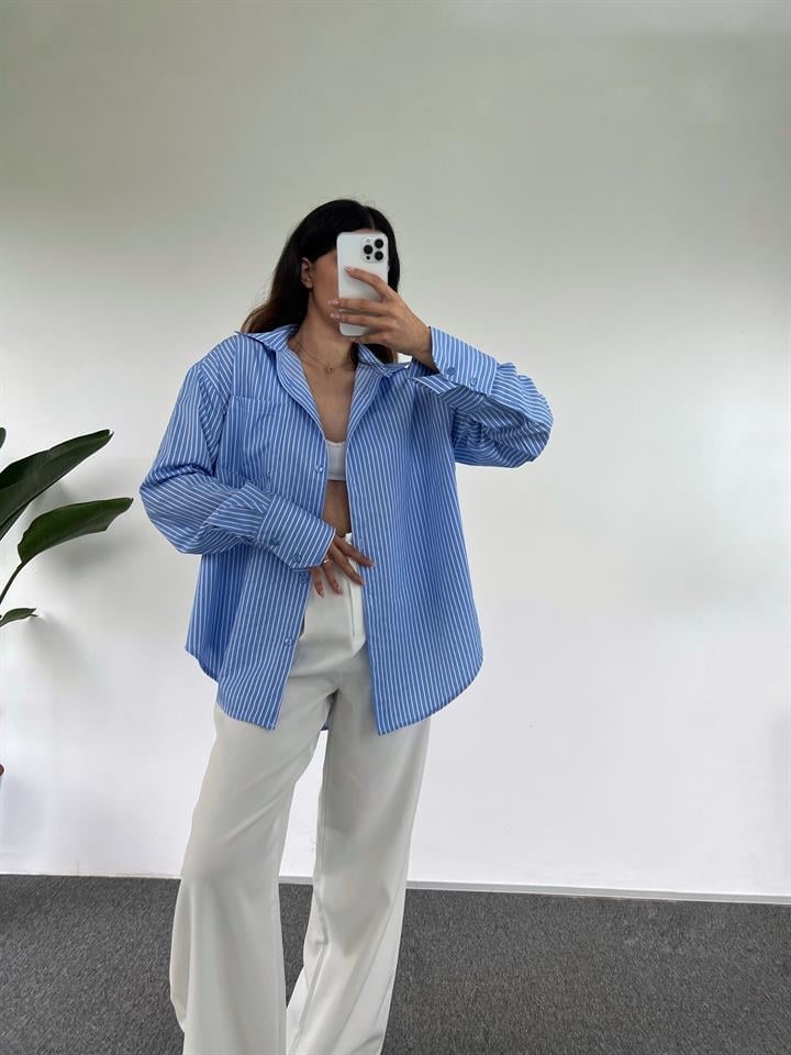Orj Açık Mavi Oversize Çizgili Gömlek