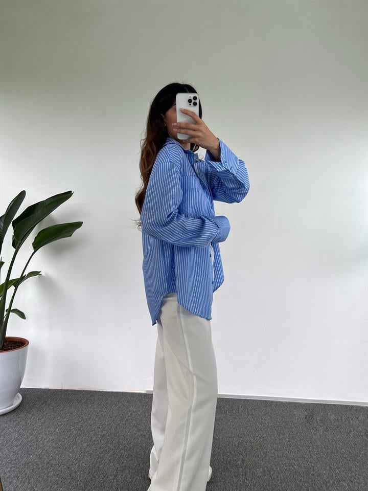 Orj Açık Mavi Oversize Çizgili Gömlek