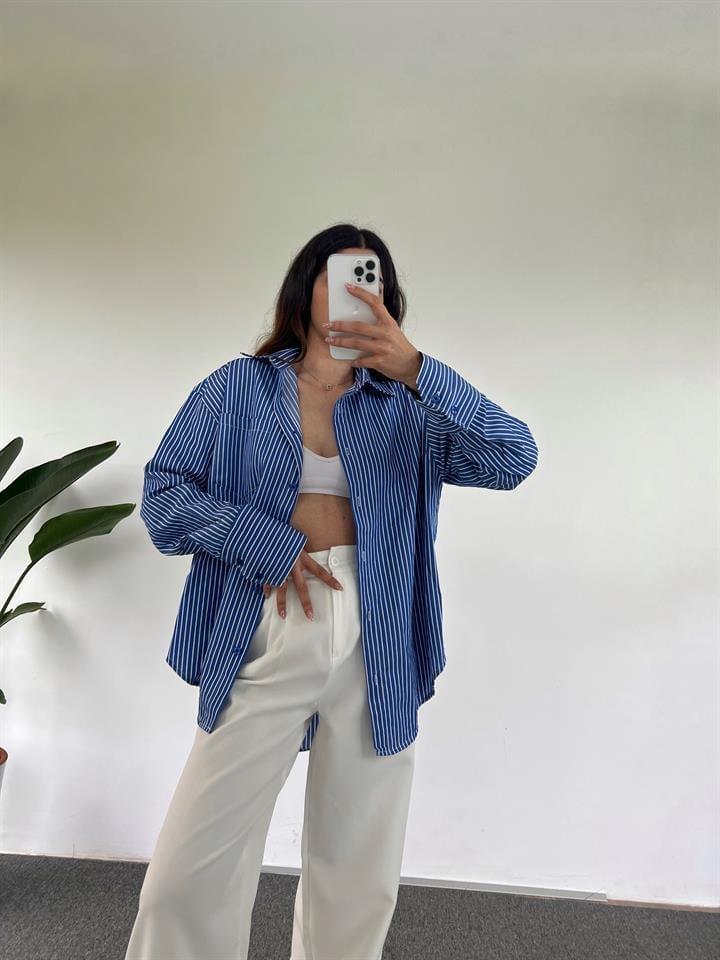 Orj Mavi Oversize Çizgili Gömlek 