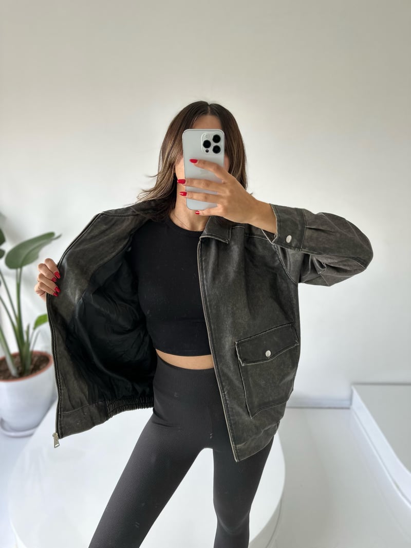 Oversize Yıkamalı Çift Cepli Deri Ceket 