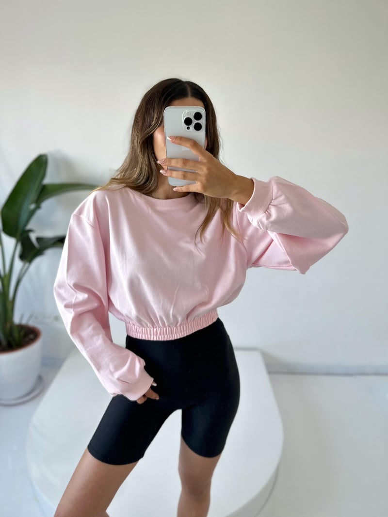 Pembe Bisiklet Yaka Crop Sweat