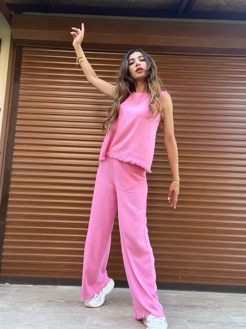 Pembe Ham Keten Alt Üst Takım