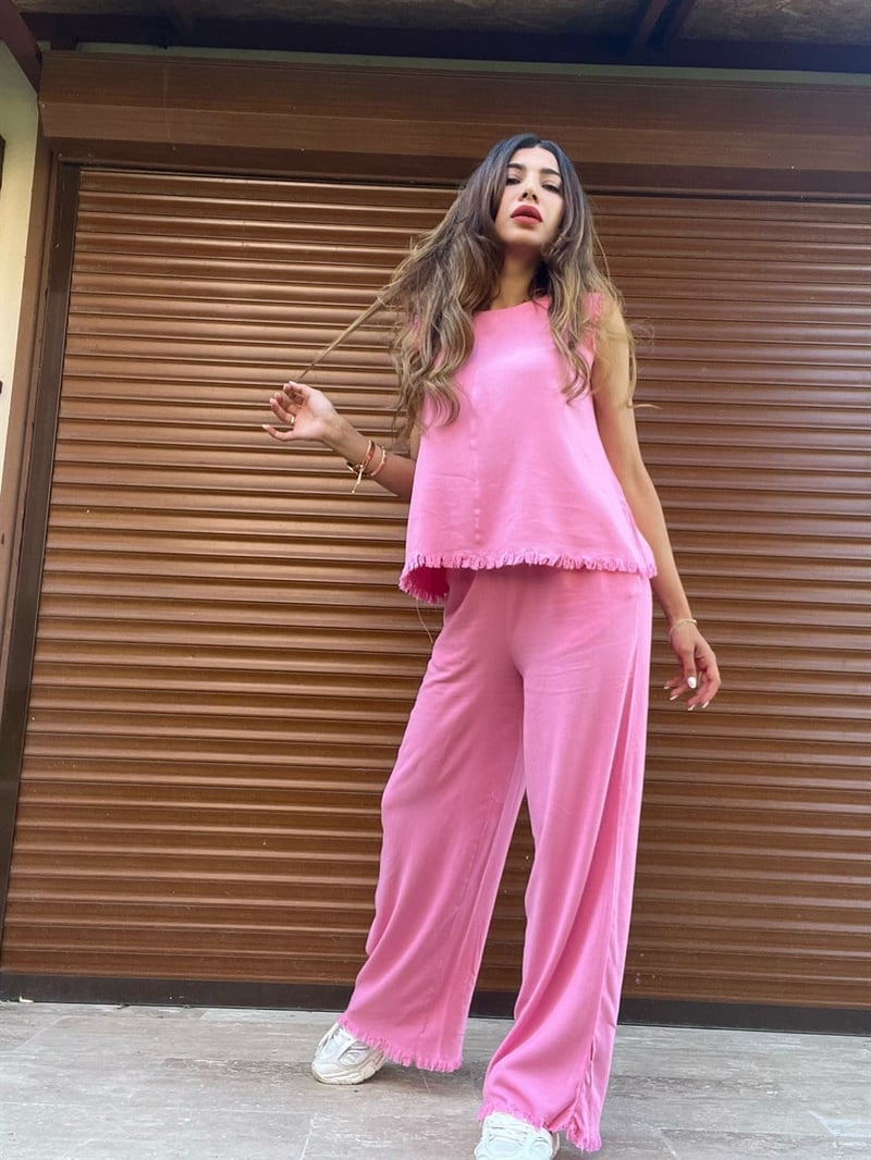 Pembe Ham Keten Alt Üst Takım