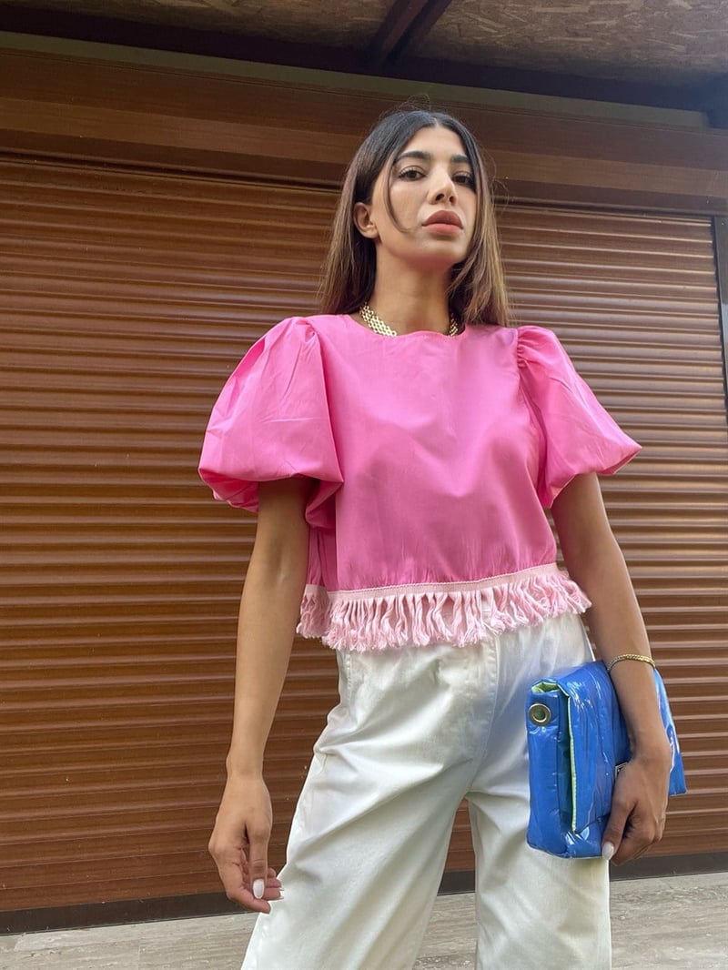 Pembe Püsküllü Balon Kol Bluz