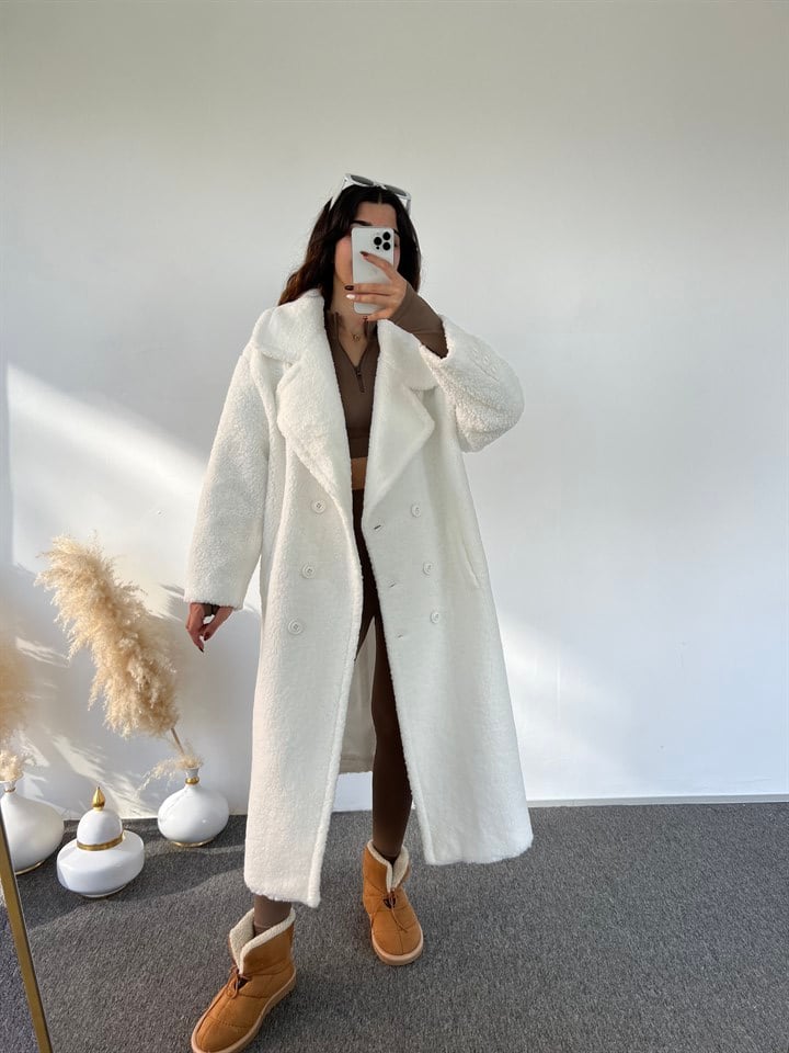 Premium Beyaz Oversize Teddy Uzun Kaban