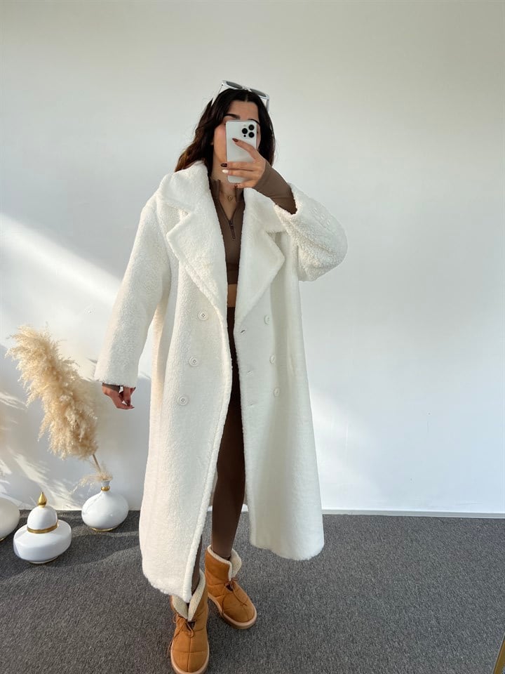 Premium Beyaz Oversize Teddy Uzun Kaban